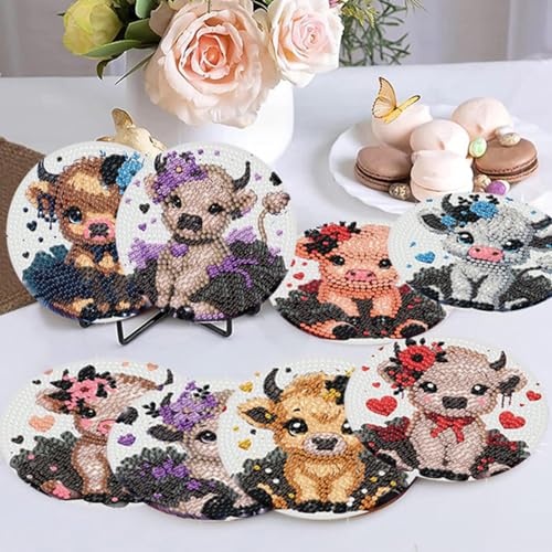 8 Pack Diamond Art Coasters,Highland Cow Diamond Painting Coasters Kits - color: Cow Coasters