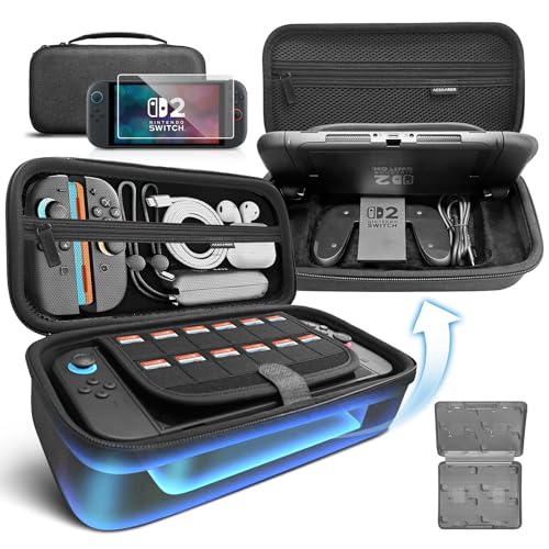AceGamer Large Capacity Carrying Case for Nintendo Switch 2 (2025) - 3 in 1 Accessories Bundle with Screen Protectors, Game Card Holder, 12 Game Cartridges, Hard Shell Portable Travel Pouch, Grey - color: Black