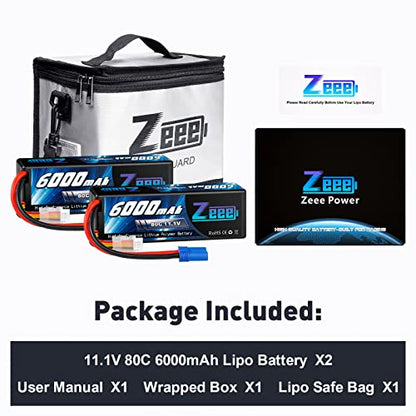 Zeee 3S Lipo Battery 6000mAh 11.1V 80C Hard Case Battery EC5 Connector 2 Pack Batteries with 1 Pcs Lipo Safe Bag Fireproof Explosionproof Bag for Storage Charging