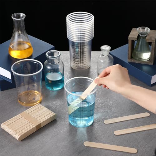 200 Pack Plastic Mixing Cups 20 oz (600ml) Disposable Measuring Cups with 200 Pcs Wooden Mixing Sticks Measurement Ratios: 2: 1, 3: 1, 4: 1 for Epoxy Resin, Liquid Measuring, and Paint