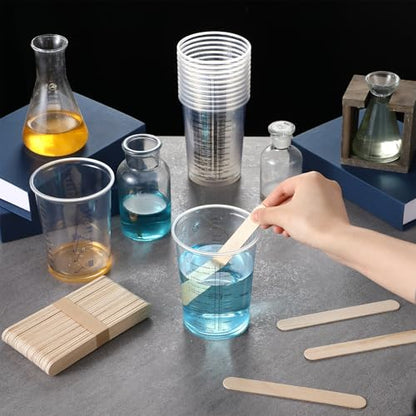 200 Pack Plastic Mixing Cups 20 oz (600ml) Disposable Measuring Cups with 200 Pcs Wooden Mixing Sticks Measurement Ratios: 2: 1, 3: 1, 4: 1 for Epoxy Resin, Liquid Measuring, and Paint