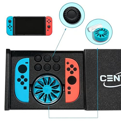 Switch 2/Switch dedicated central accessories, including silicone joystick protectors, invisible elastic protective covers, a 360-degree rotatable game cartridge stand, and two controller protectors, designed to be shockproof and non-slip.