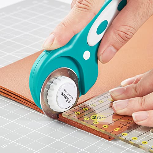 Headley Tools Rotary Cutter Set - 45mm Fabric Cutter, 5 Extra Rotary Blades,12"x12" Rotating Cutting Mat, Ideal for Crafting, Sewing, Patchworking,Turquoise