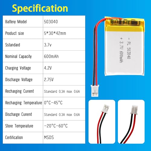 503040 3.7V Lipo Battery 600mAh Rechargeable Lithium - size: 600mAh 503040