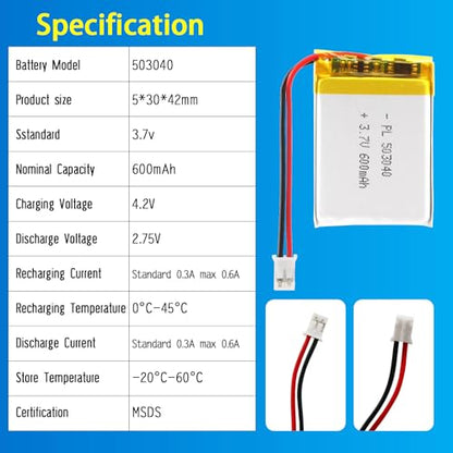 503040 3.7V Lipo Battery 600mAh Rechargeable Lithium - size: 600mAh 503040