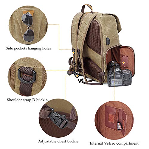 UBAYMAX Canvas Camera Backpack for Canon Nikon Sony DSLR SLR Waterproof - color: Khaki Brown