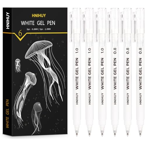 HNIHUY White Gel Pens,1mm, 0.8mm Fine Point White Pens Set, 6 Pack - color: White