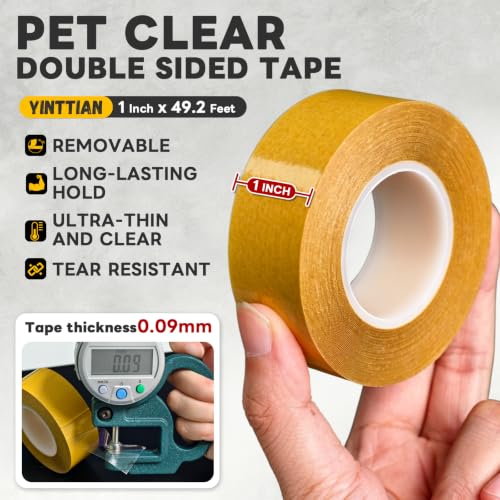 YINTTIAN Ultra-Thin PET Double Sided Tape for Crafts, 1 Inch x 49.2 Feet