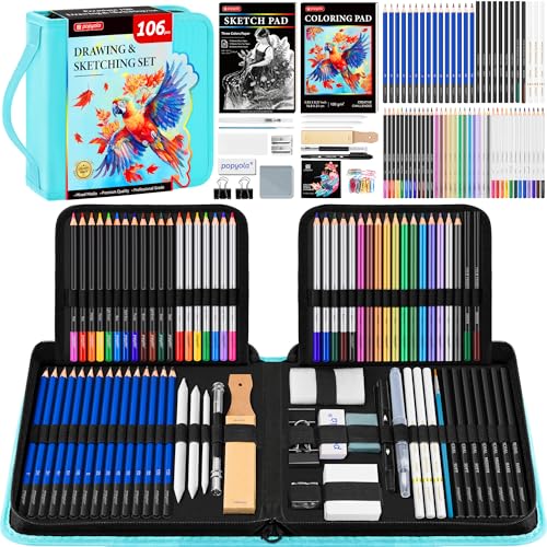 106 Pack Drawing Set Sketching Kit, Pro Art Supplies Sketch Pencils Set - color: Teal, size: 106 Pack