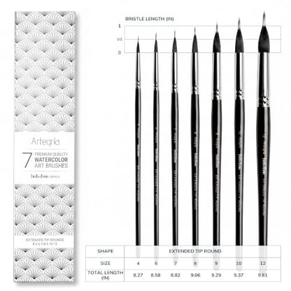 ARTEGRIA Watercolor Brush Set, 7 Extended Tip Needle Point Round Brushes
