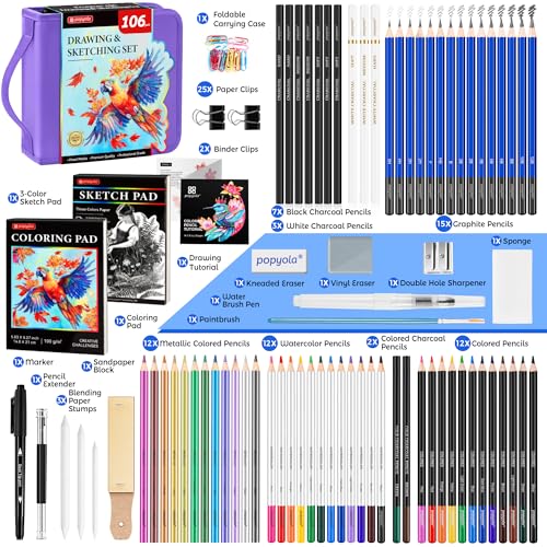 106 Pack Drawing Set Sketching Kit, Pro Art Supplies Sketch Pencils Set - color: Purple, size: 106 Pack