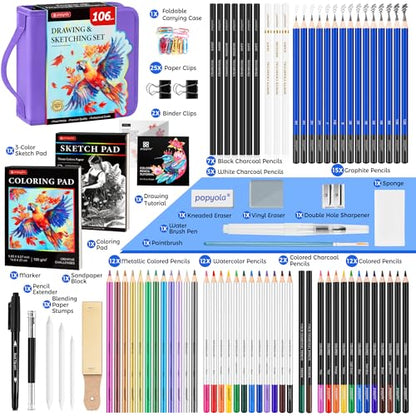 106 Pack Drawing Set Sketching Kit, Pro Art Supplies Sketch Pencils Set - color: Purple, size: 106 Pack