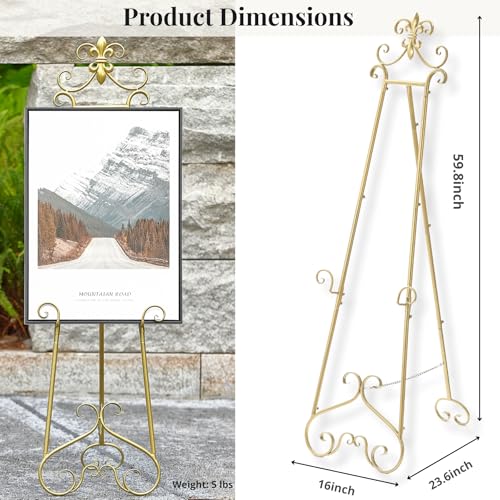 60” H Gold Easel Stand for Sign Large Adjustable Metal - color: Scrollwork Floral Top