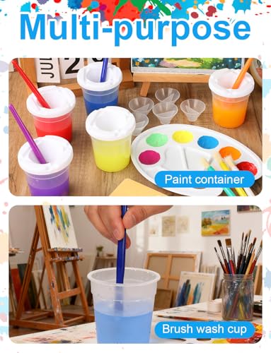 YGAOHF 8 Packs No Spill Paint Cups with Lids, Large Paint Water Cup with 8 Pcs Paint Brushes, Arts and Crafts Supplies