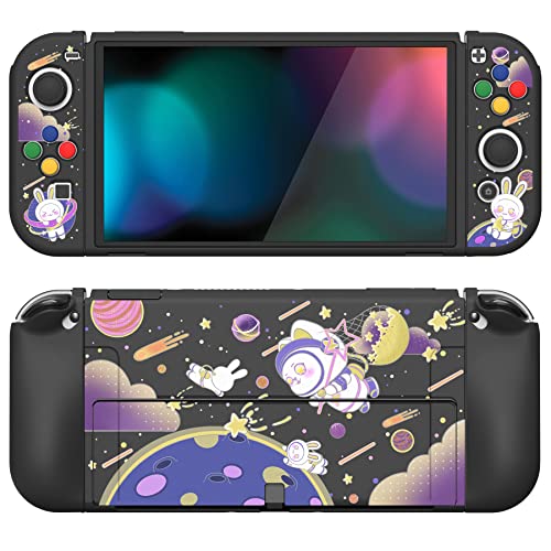 PlayVital ZealProtect Soft Protective Case for Nintendo Switch OLED, Flexible Protector Joycon Grip Cover for Nintendo Switch OLED with Thumb Grips & ABXY Direction Button Cap - Space Cat Adventure - color: Space Cat Adventure