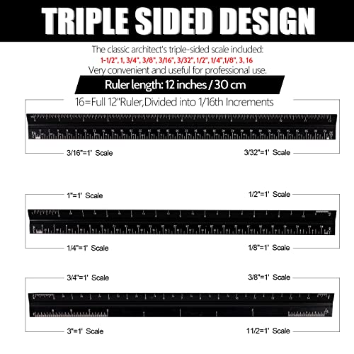 12" Architectural Scale Ruler, Aluminum Scale, Triangular Ruler, Scale Ruler for Blueprint Imperial Measurements for Architects Engineering Artists, Draftsman Drawing, Laser-Etched Markings.(Black) - color: black