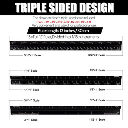 12" Architectural Scale Ruler, Aluminum Scale, Triangular Ruler, Scale Ruler for Blueprint Imperial Measurements for Architects Engineering Artists, Draftsman Drawing, Laser-Etched Markings.(Black) - color: black