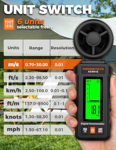 AEM01S Anemometer, POROMETISTO, 3‑Color Alarm & Green Backlit Wind Meter