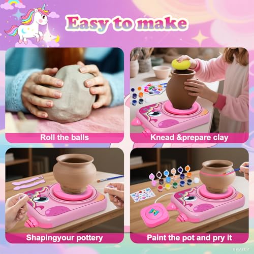 Pottery Wheel for Kids, Unicorn Pottery Craft Kit with 3 Pack Air-Dry Clay