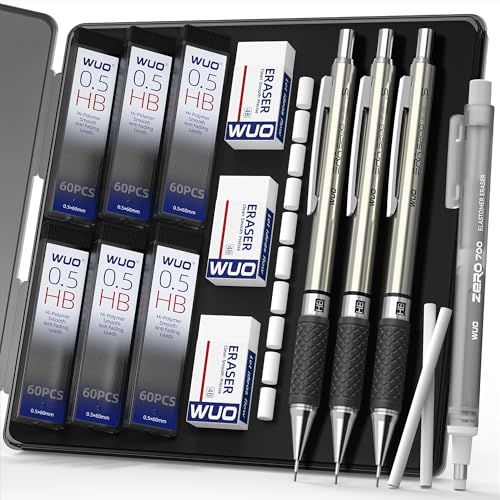 WUO 0.5 mm Mechanical Pencil Set with Eraser Pen Storage Case, 3 PCS - color: Black 1 - 0.5mm (3 Pack)