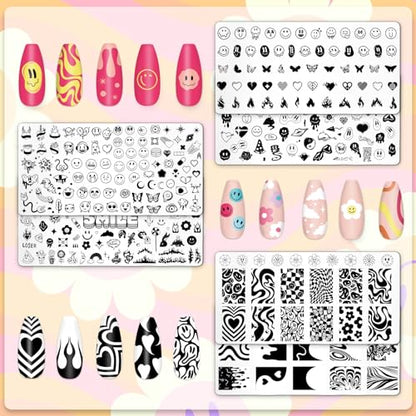Whaline 6 Pcs Smile Face Nail Plates Stamping Set Heart Butterfly Star Flower Smiling Stamp Templates Groovy Nail Art Plates for DIY Print Manicure Salon Design Gift Supplies - style: Smile Face