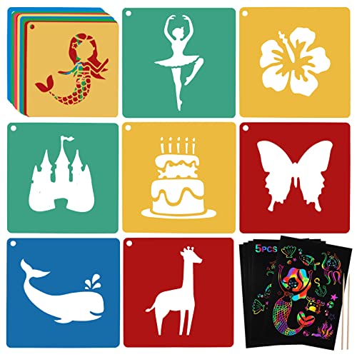 20 Pcs Stencils for Kids Stencil for Painting with 5 Pcs Scratch Paper