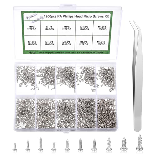 1200pcs Mini Screw kit M1/M1.2/M1.4/M1.7 Phillips Pan Head Small Machine Screws Micro Little Screw Tiny Small Self-Tapping Electronic Screws Kit for Electronics Equipment Sunglasses Watch Repair