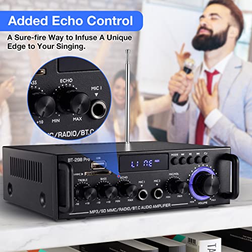 Facmogu BT-298 Pro Home Audio Amplifier, Bluetooth 5.0 800W Stereo Receiver - style: MAX 400Wx2