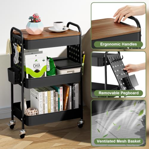 3 Tier Rolling Cart with DIY Pegboard, Metal Utility Cart with Table top - color: Black With Pegboard
