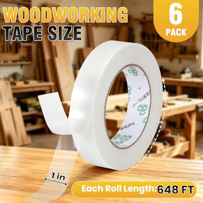 Double Sided Woodworking Tape 1IN x 648 Ft (6 Pack) Residue-Free - size: 1 Inch x 648 Ft