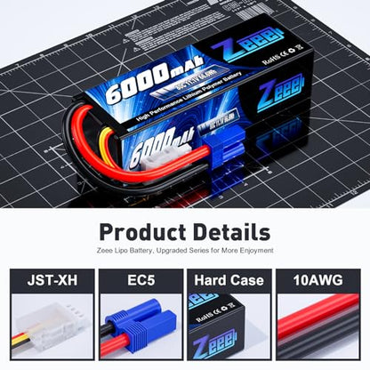 Zeee 3S Lipo Battery 6000mAh 11.1V 80C Hard Case Battery EC5 Connector 2 Pack Batteries with 1 Pcs Lipo Safe Bag Fireproof Explosionproof Bag for Storage Charging