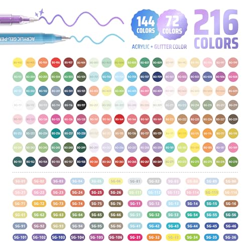 216 Colors Gel Pens with Travel Case,1.0mm Bold Tip,Acrylic+Glitter
