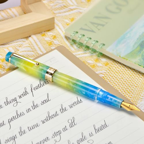 Asvine P20 Piston Fountain Pen, Stub Nib 1.1mm Calligraphy Art Drawing Gradual Yellow Acrylic with Case Set - color: Gradual Yellow, style: Stub Point