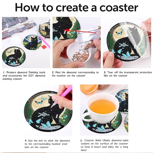 askkqtx 8 Pcs Black Cat Diamond Art Coasters Kits with Holder 4X4 Inch - color: Coasters-bdwy340