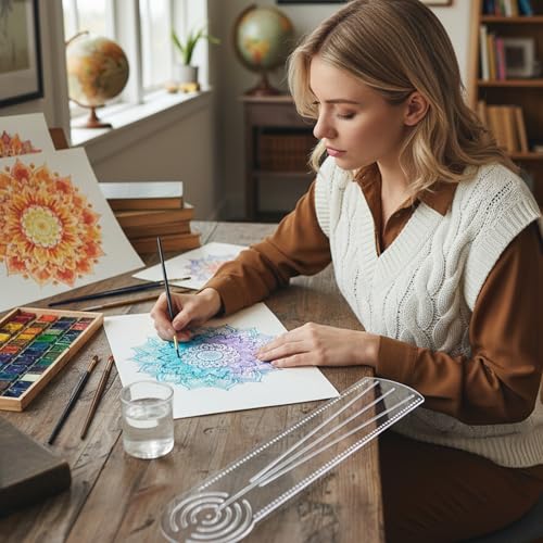 Gjinxi 3-in-1 Mandala Ruler Tool with Holes, Mandala Dot Art Circle Maker Straight Dotting Ruler Compass Protractor for Dot Mandala Art Geometric