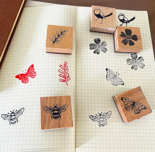 9Pcs Vintage Wood Stamp Set, Butterfly Bird & Floral for Crafts