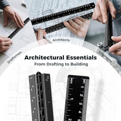 Rena Chris 2Pcs Architectural Scale Ruler, Triangular Scale & Straight Ruler, 12 Inch Aluminum Drafting Ruler Set, Laser Etched, Smooth Non-Sharp Edges, Lightweight, Inch MM Conversion for Architectur