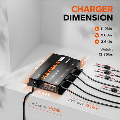LiTime 4 Bank 12V 10A LiFePO4 Battery Charger, Waterproof, 14.6V Output