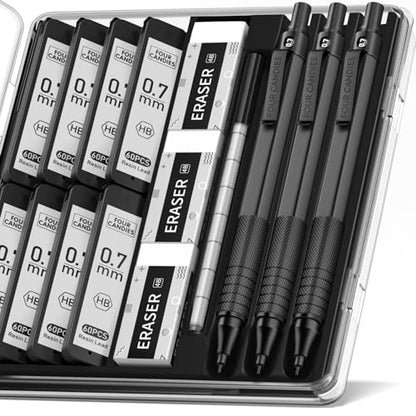 Four Candies Metal Mechanical Pencil Set with Case, 0.7mm, 3-Pack, Black - color: Black, style: 0.7 MM