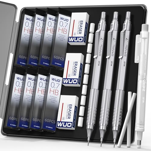 WUO 0.7mm Mechanical Pencil Set, 3 Pack Sliver Metal Drafting Pencils - color: Silver, size: 0.7