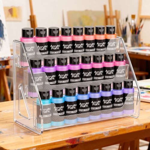 Vowcarol Clear Acrylic Paint Organizer Tall Version - 3 Layer, 24 Bottles Miniature Paint Holder, Craft Organizer Rack