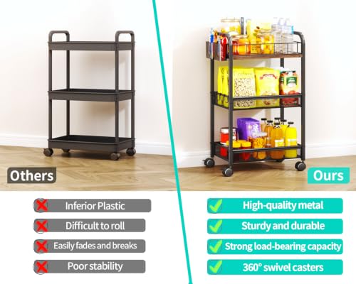 HapiRm 3 Tier Metal Rolling Cart- Utility Storage Cart with Locking Wheels - size: 3-tier