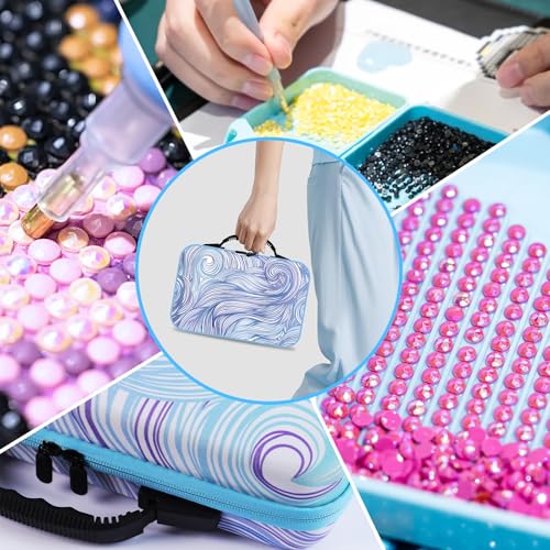 Tavolozza Fine Arts Diamond Painting Storage Containers, 120 Slots Diamond Painting Accessories and Tools with Jars for Beads, Portable Diamond Art Organizer Case, Diamond Art Kit Storage Box, Blue - style: Waves 120