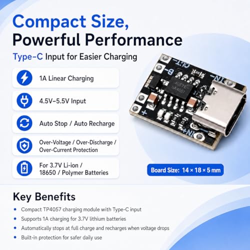 6PCS TP4057 1A 3.7V Li-ion Charger Board Type-C CC/CV 18650