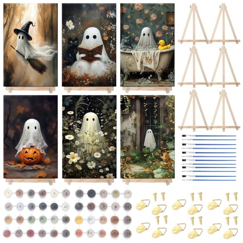 YooNotee 6 Pack Halloween Paint by Numbers with Easels Brushes, Ghost - style: Ghost