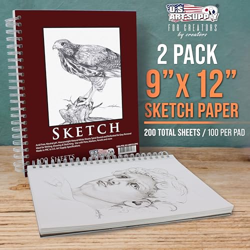 U.S. Art Supply 9"x12" Sketch Book Pad, Spiral Bound 100 Sheets Each,2-Pack - size: 9-x-12-inch