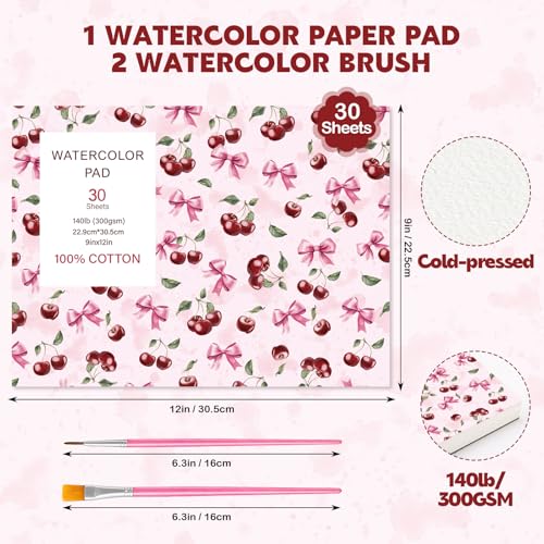 Watercolor Paper Pad 9x12 in, 30 Sheets 140Lb Cold Press, 2 Brushes - size: 9x12 Inch