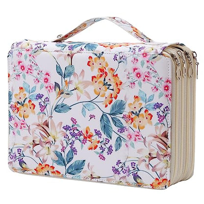 200 Slots Pencil Case 4-Layer Zipped Holder w/Handle - color: White + Flower, size: 200