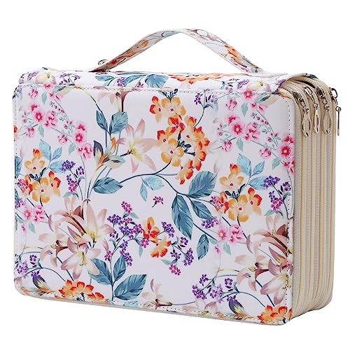 200 Slots Pencil Case 4-Layer Zipped Holder w/Handle - color: White + Flower, size: 200