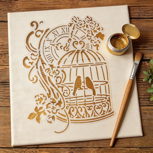TIAMECH A4 Reusable Vintage Birdcage Clock Stencil for Painting - style: Birdcage Clock